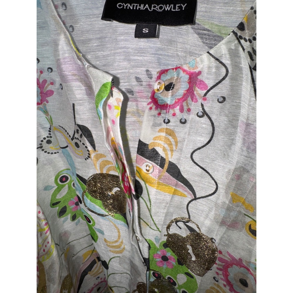 Cynthia Rowley Love Locket Linen Silk Puff Sleeve Blouse Gold Foil Ivory Small - Picture 9 of 13